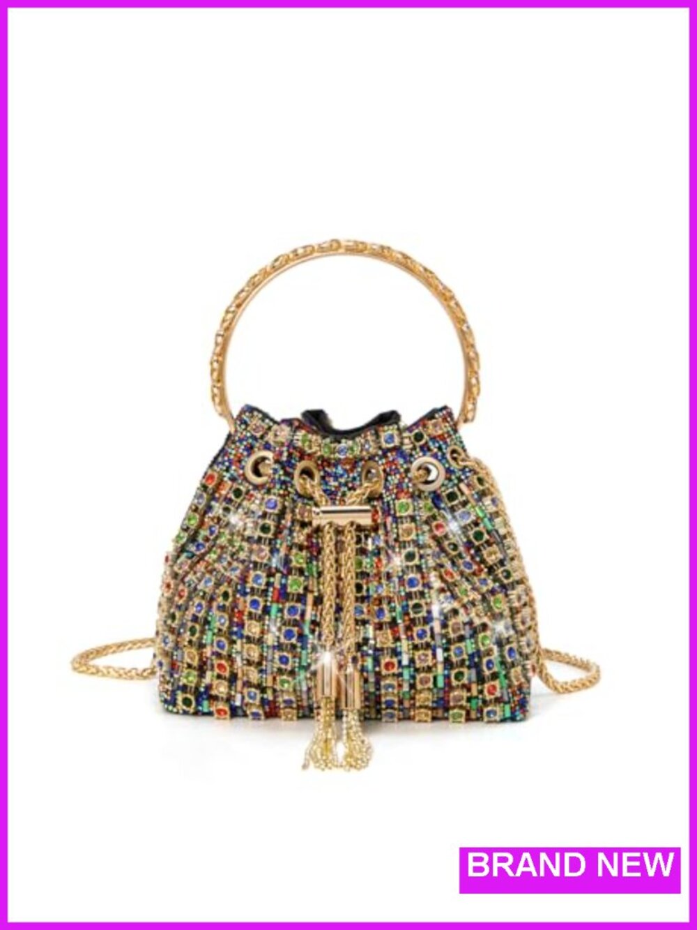 Sparkly Rhinestone Clutch Evening Bag with Chain, Metallic Loop Handle Party